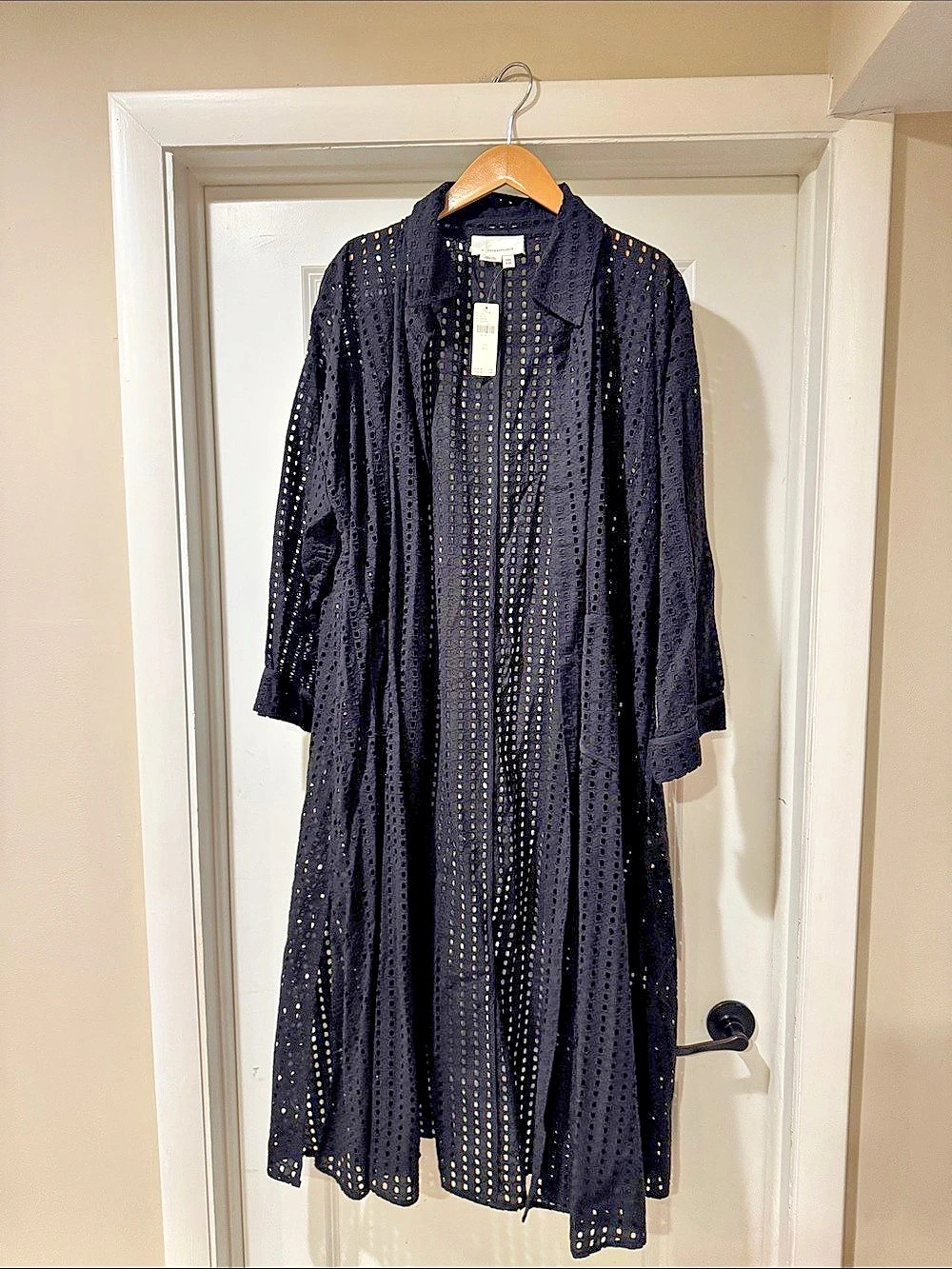 Anthropologie Collared Eyelet Duster Black Maxi